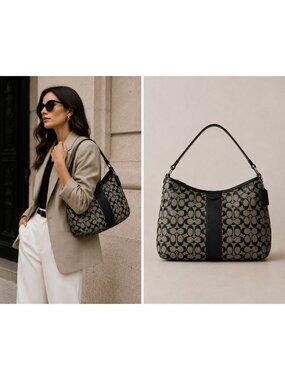 Coach F29941 Signature Stripe Hobo Shoulder Bag Black Khaki Jacquard Leather